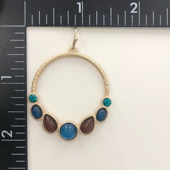 🌼 Brown & Aqua Blue Gem Gold Drop Hoop Circle Dangle Earrings - Picture 3 of 3